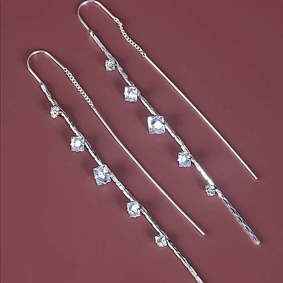 SILVER RHINESTONE THREADER EARRINGS - Picture 1 of 4